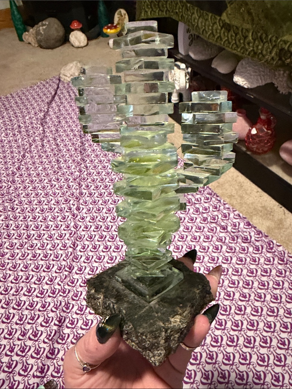Green Stacked Glass Sculpture on Stone Base - Home Accent antique